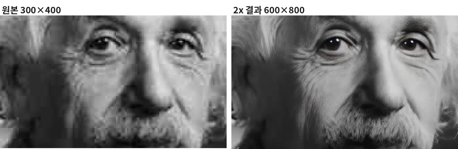 원본과 2x 결과의 눈가 확대 비교